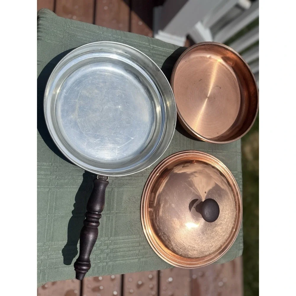 Vintage Italian 3 Piece Copper Double Boiler Chafing Pan Wood Handle Lid 9.25